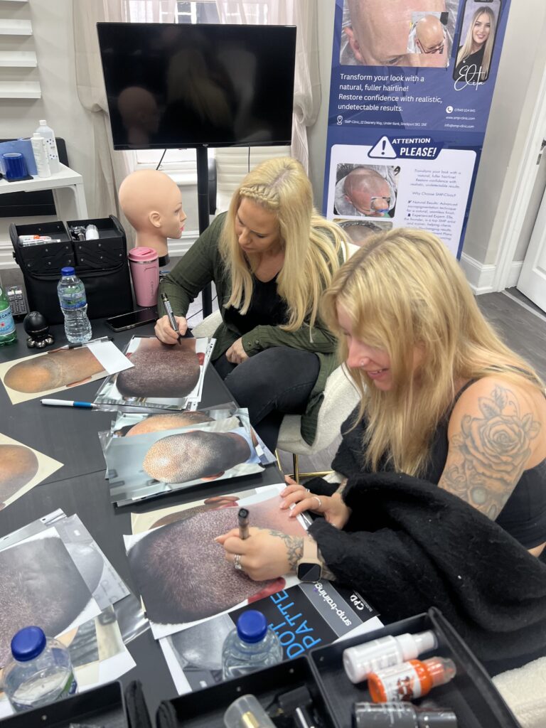 Student practicing scalp micropigmentation using the ELL Technique at SMP-Clinic & Training Academy in Stockport